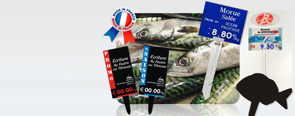Etiquettes alimentaires Poissonnerie idéales pour l'affichage du prix de vente et de la traçabilité de vos poissons, crustacés et coquillages dans vos étalages de glace poissonnerie et marée