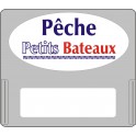 Casquette amovible pour étiquettes avec texte "Pêche petits bateaux" bleu et rouge sur fond blanc